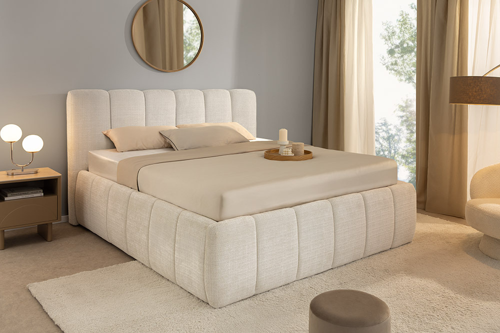 Design Boxbett ADLON 180x200cm beige Chenille Cremona mit Stauraum und Lattenrost