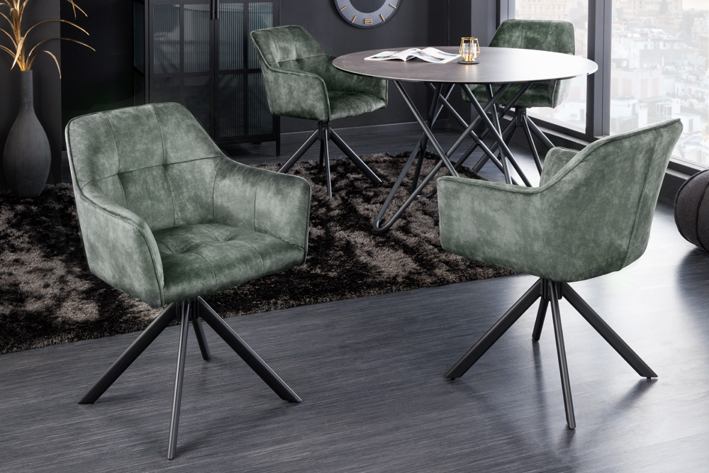 Design Stuhl LOFT grün Samt drehbar Metallgestell schwarz mit Armlehne