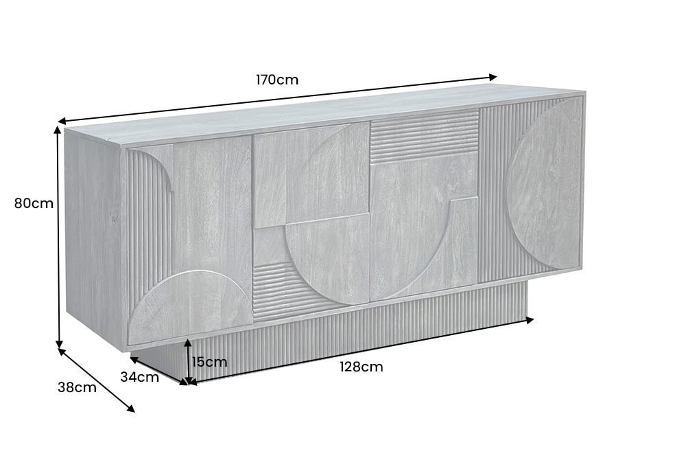 Massives Sideboard ART DECO 170cm grau Mangoholz 3D-Front