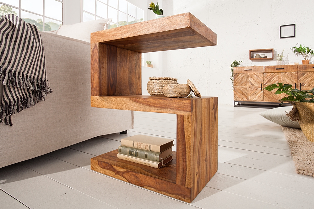 Handgearbeiteter Beistelltisch S 60cm braun Sheesham Massivholz stone finish Ablage