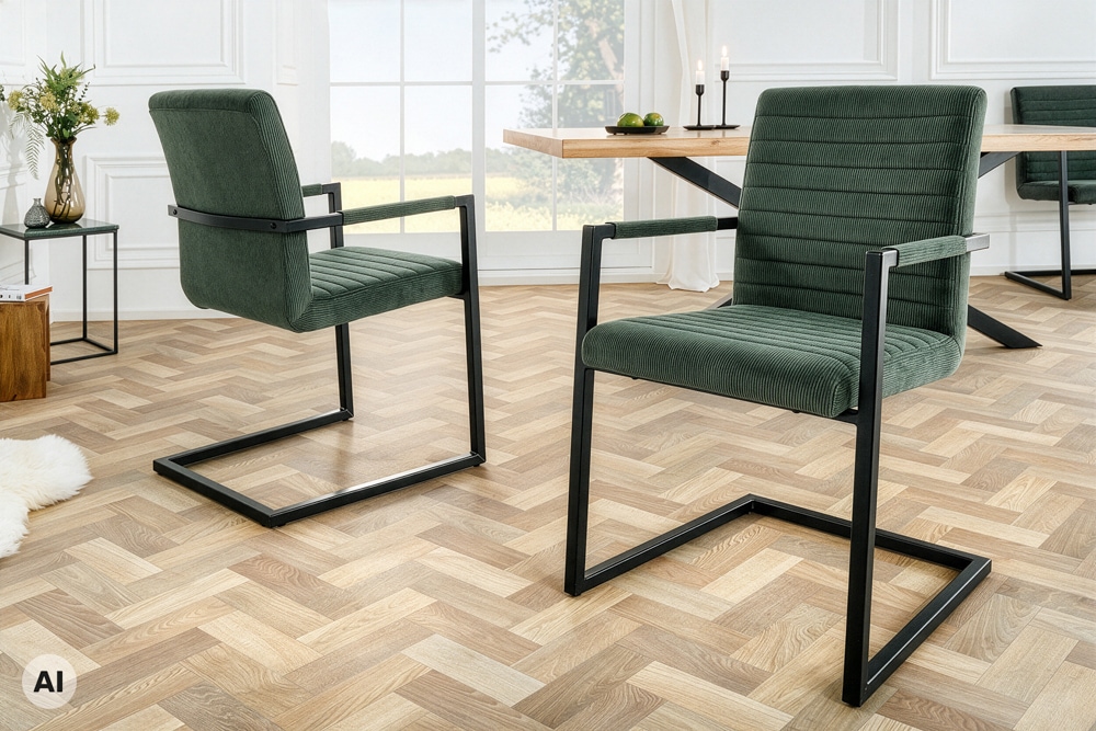 Industrial Freischwinger LOFT grün Cord schwarz Eisen mit Armlehne