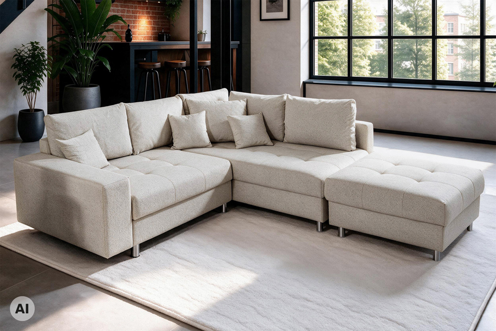 Wohnlandschaft KENT 220cm beige Strukturstoff Ecksofa Federkern inkl. Hocker Wohnlandschaft KENT 220cm beige Strukturstoff Ecksofa Federkern inkl. Hocker