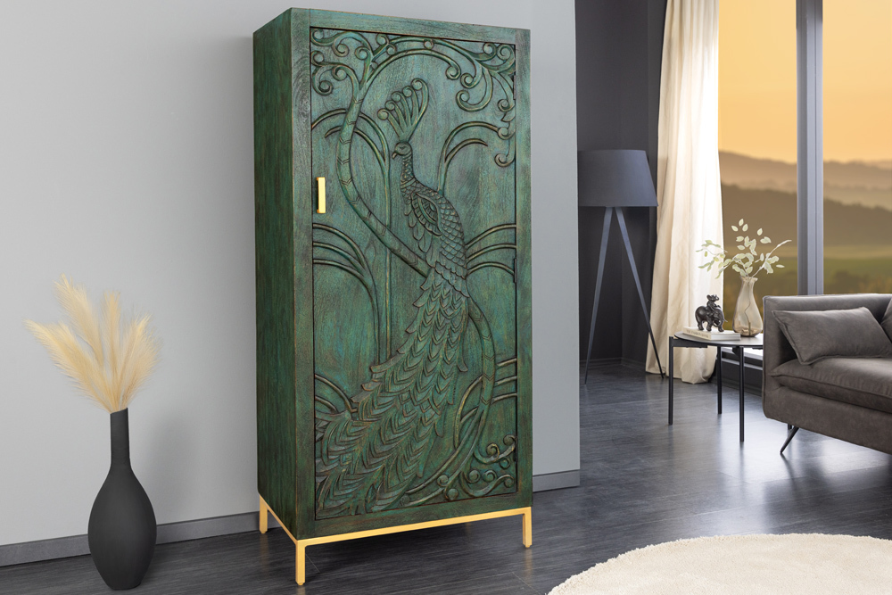 Massives Highboard PEACOCK 170cm grün Mangoholz antik 3D Schnitzerei Pfau-Design
