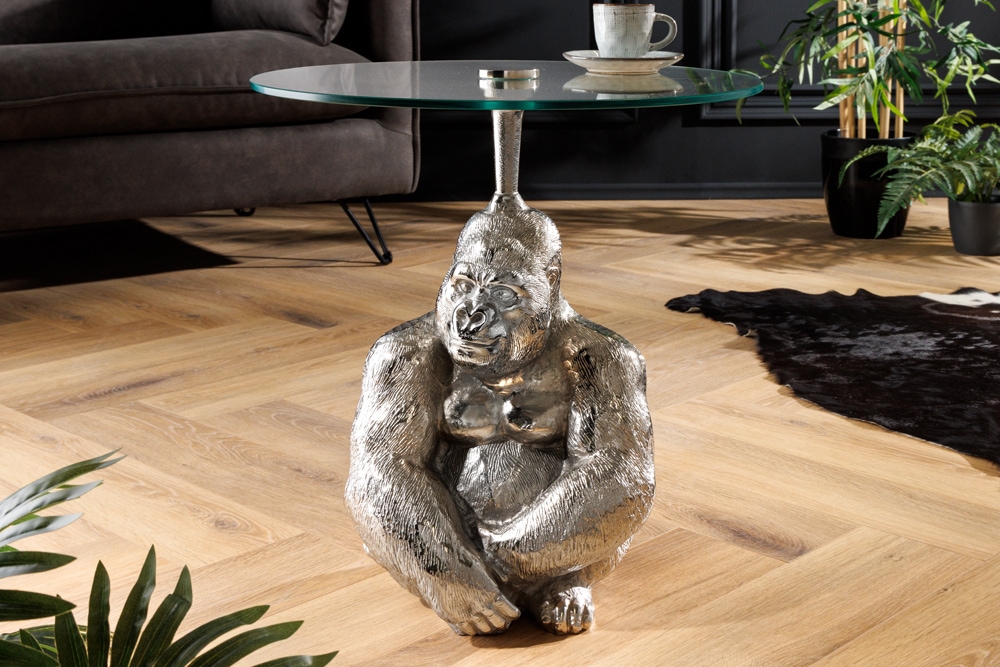 Runder Beistelltisch KONG 50cm silber Metall Glas Affenfigur Gorilla Skulptur