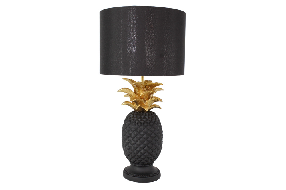 Handgefertigte Tischlampe PINEAPPLE 50cm schwarz Ananas-Design gold mit Stoffschirm