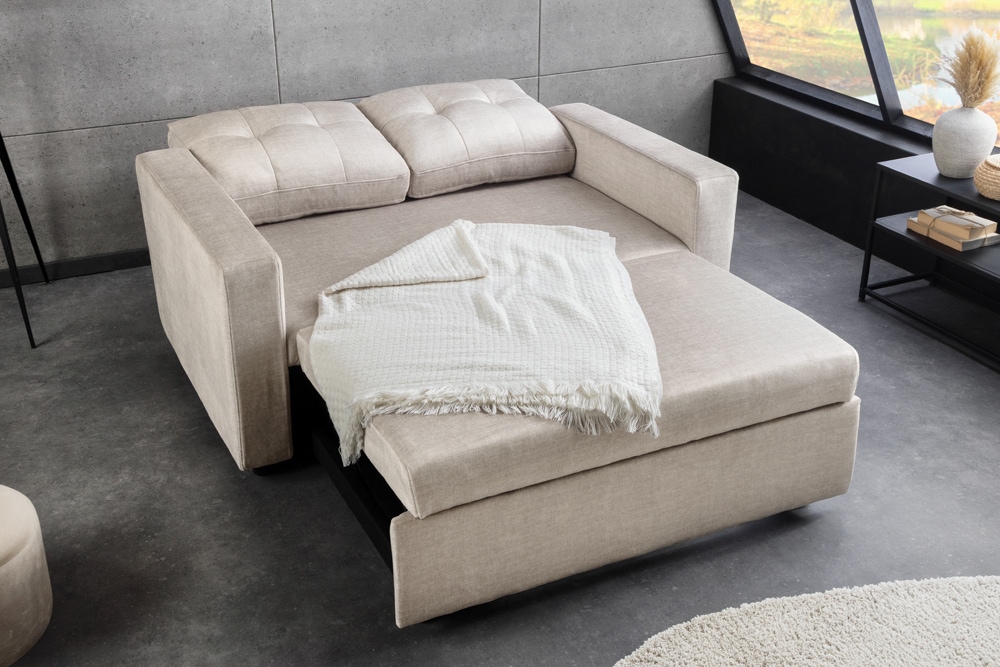 Sofa mit Schlaffunktion SMART 140cm champagner beige hochwertiger Vogue Seiden Samtstoff