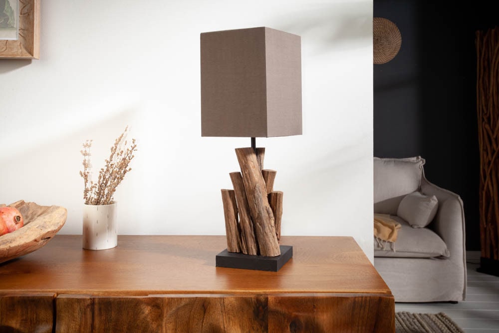 Handgefertigte Tischlampe PURE NATURE 45cm Eisenholz mit Baumwollschirm