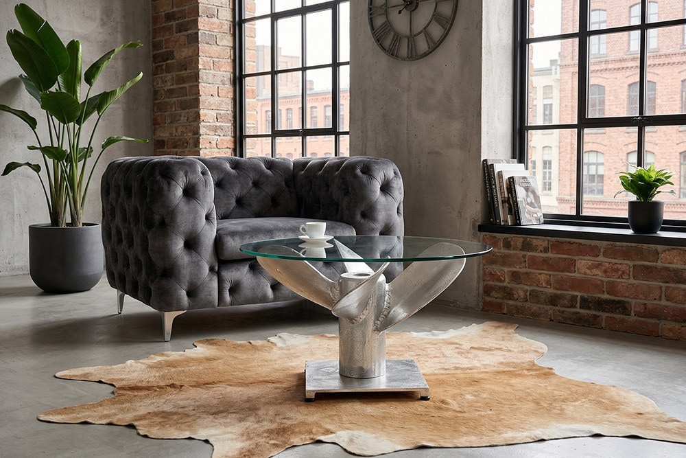 Maritimer Couchtisch OCEAN M 60cm silber antik rund Schiffsschraube Glasplatte