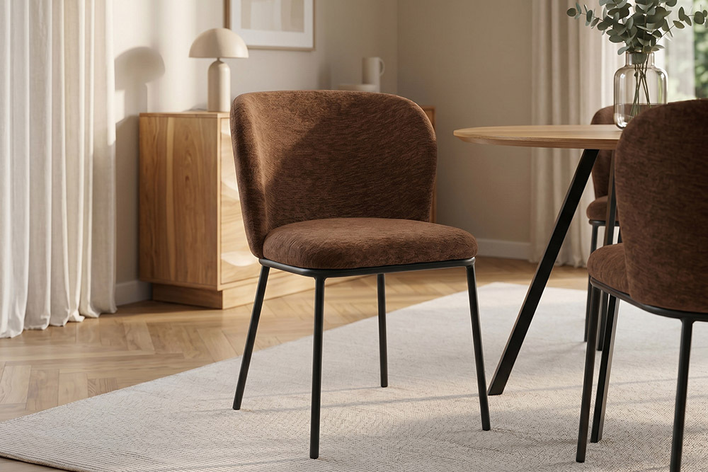 Design Stuhl LYON braun Chenille schwarze Metallbeine