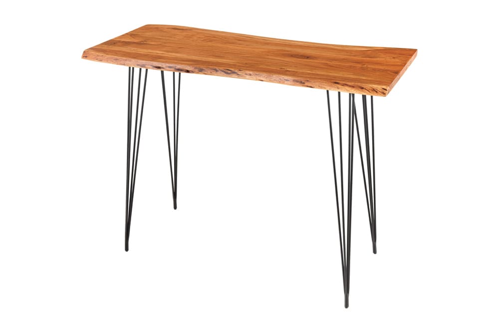 Massivholz Bartisch MAMMUT 140cm natur Akazie Baumkante Metall schwarz Hairpin Legs