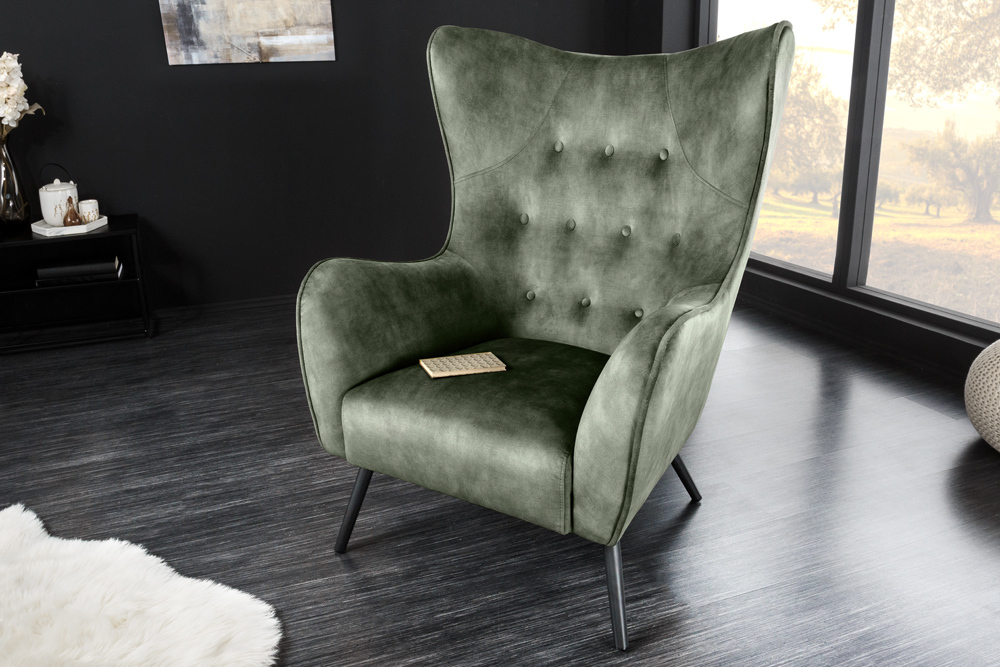 Design XL Sessel AMSTERDAM grün Samt schwarze Metallbeine Retro Stil Design XL Sessel AMSTERDAM grün Samt schwarze Metallbeine Retro Stil