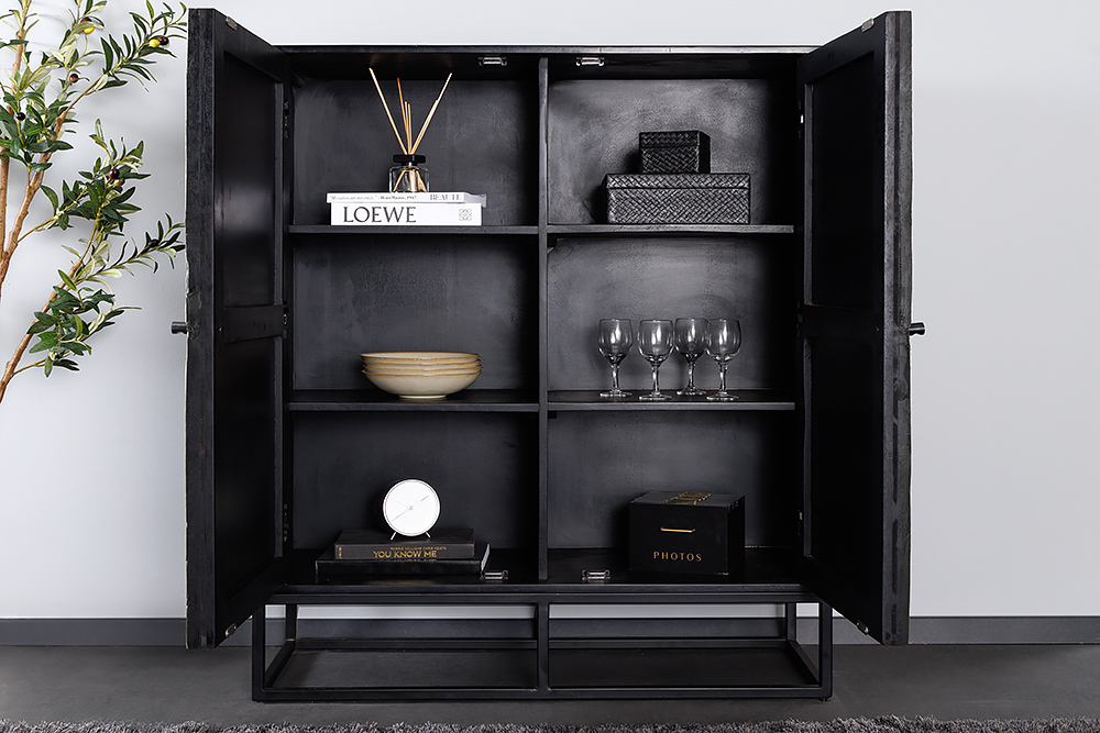 Massives Highboard BARRACUDA 120cm grau Mangoholz mit Teakholz-Front schwarz Metall
