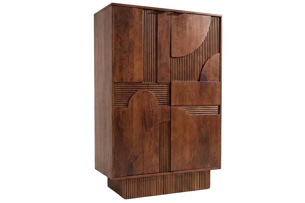 Massiver Barschrank ART DECO 140cm braun Mangoholz 3D-Front Highboard Flaschenregal