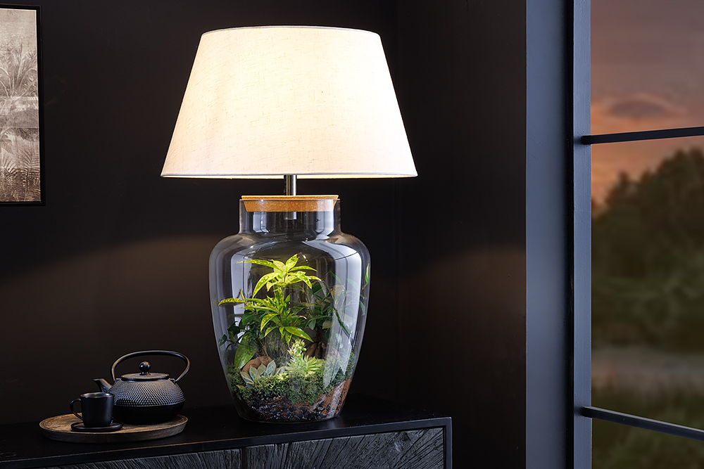 Befüllbare Tischlampe CLASSICO 75cm weiß transparent Glas mit Leinenschirm » Jetzt kaufen