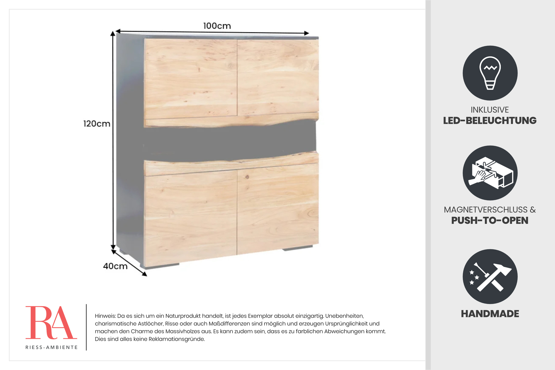 Massivholz Highboard GRAND ACACIA 120cm braun Akazie mit LED-Beleuchtung Baumkante