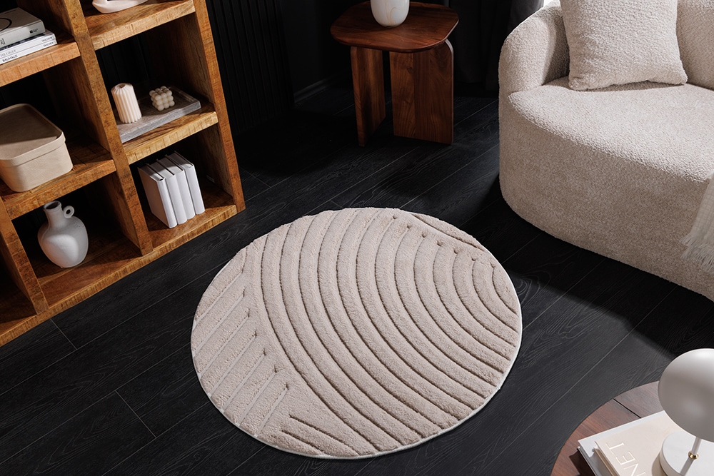 Runder 3D strukturierter Kurzflor Teppich ART DECO 80cm beige creme Hoch-Tief-Effekt
