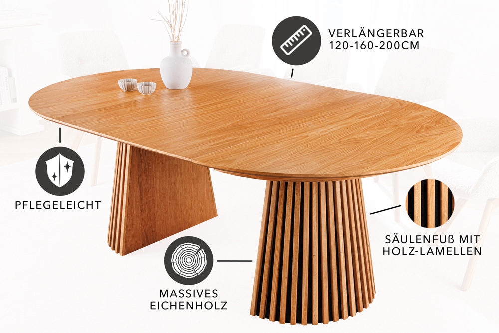 Ausziehbarer Esstisch VALHALLA WOOD 120-160-200cm natur Eichenholz oval Säulenfuß