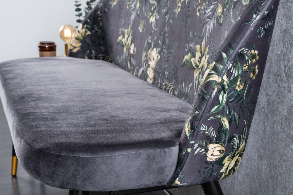 Design Bank PRÊT-À-PORTER grau Samt florales Muster und goldene Fußkappen