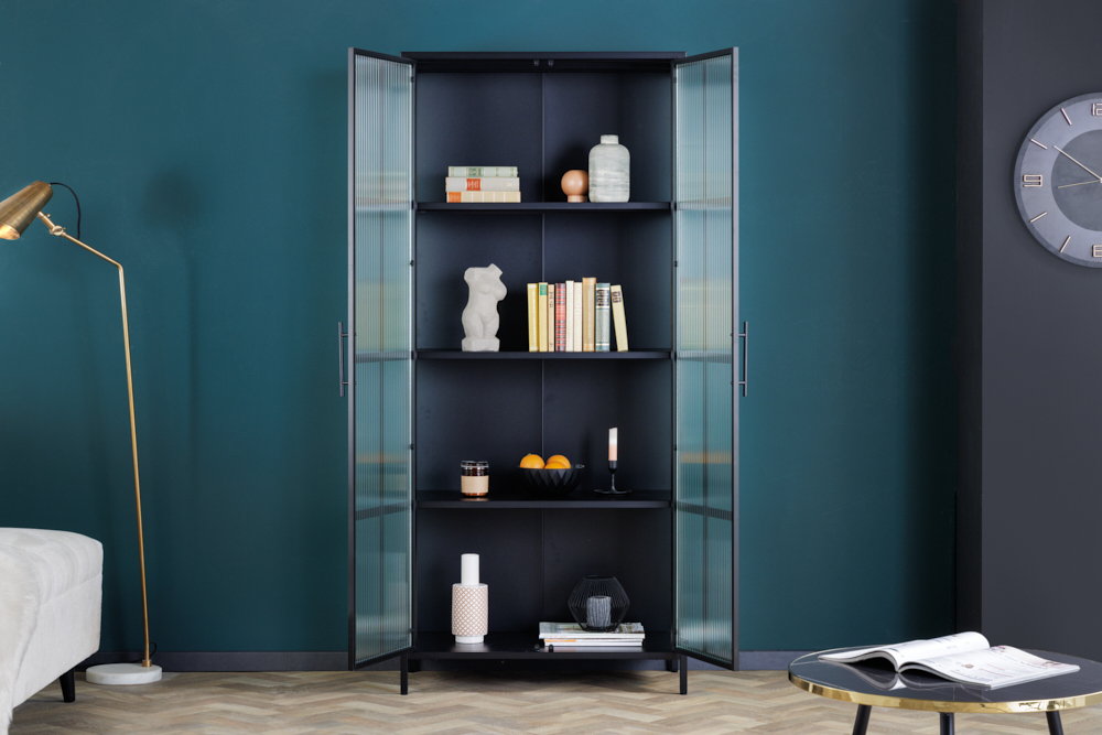 Industrial Vitrine DURA STEEL 180cm schwarz Metall Riffelglas Highboard