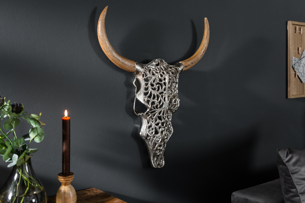 Extravagante Wanddekoration EXOTIC BULL 60cm silber Mangoholz Stierkopf
