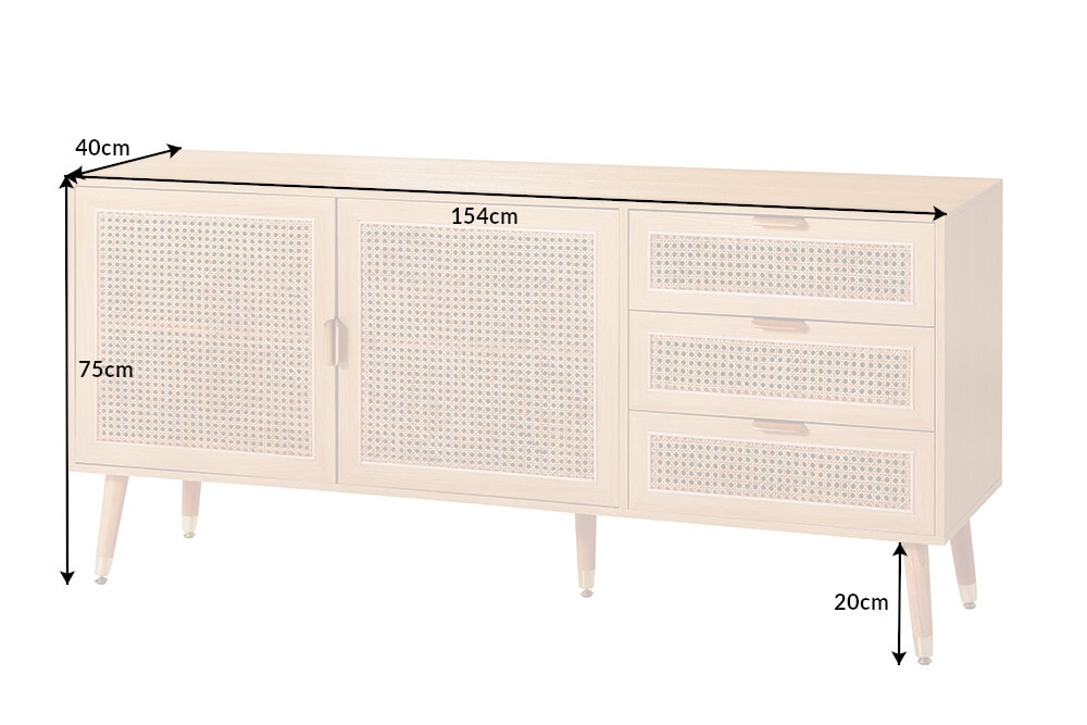 Design Sideboard VIENNA 155cm Wiener Geflecht Rattan Kommode mit Schubladen