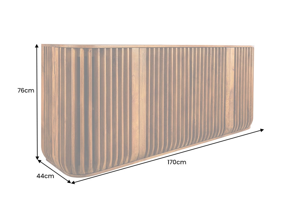 Massives Sideboard SCULPTURA 170cm braun Mangoholz mit abgerundeter Lamellenfront