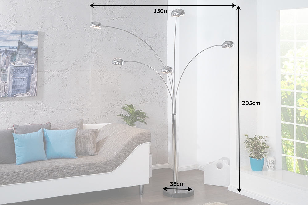 Design Bogenlampe FIVE LIGHTS 205cm chrom Stehlampe mit schwarzem Marmorfuß