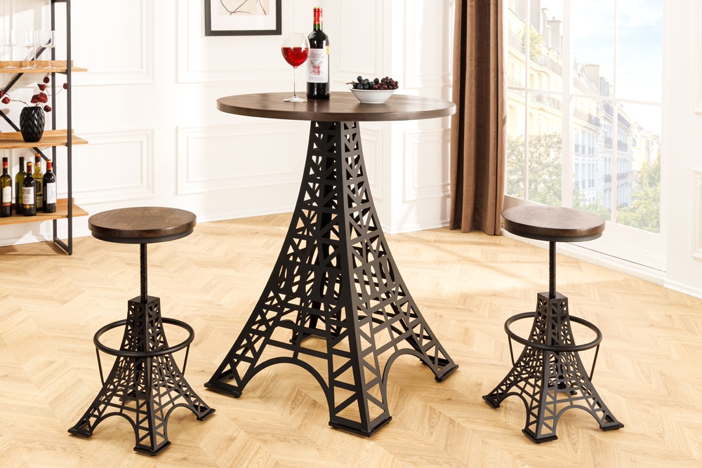 Runder Bartisch PARIS LOFT 105cm dunkelbraun Mangoholz Eiffelturm-Design