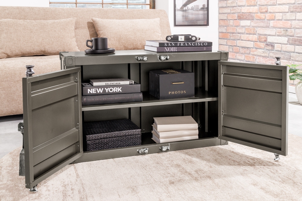 Container-Schrank GLOBETROTTER 80cm anthrazit Metall Couchtisch mit Flügeltüren Kommode