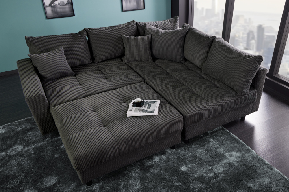 Modernes Ecksofa KENT 220cm dunkelgrau Cord inklusive Hocker Federkern Wohnlandschaft