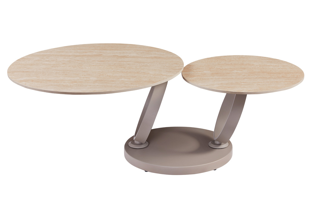 Design Couchtisch DANCING RINGS natur rund drehbar Travertin Keramik champagner greige