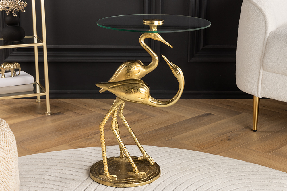 Runder Beistelltisch WILDLIFE CRANE 55cm gold Glas Kranich-Skulptur handmade