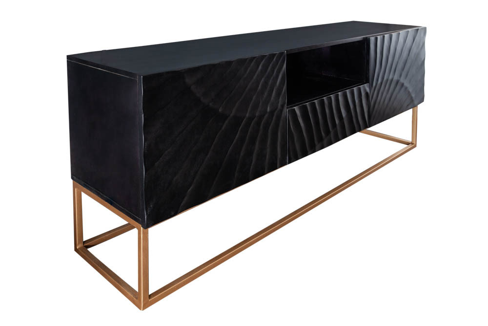 Massives TV-Lowboard SCORPION 160cm schwarz Mangoholz aufwendige 3D Schnitzereien