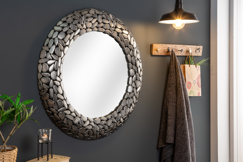 Handgearbeiteter Spiegel STONE MOSAIC XL 82cm silber in Mosaik Optik aus Metall