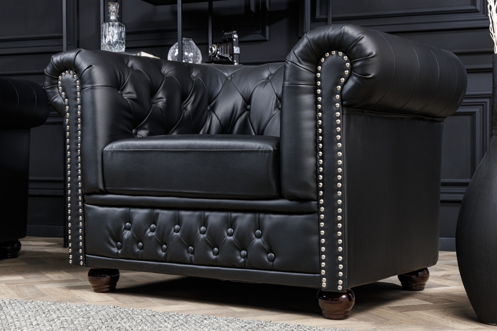 Design Sessel CHESTERFIELD 110cm matt schwarz Knopfheftung Federkern