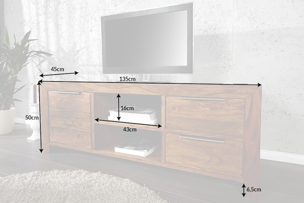Massives TV-Board PURE 135cm braun Sheesham stone finish Lowboard Palisander