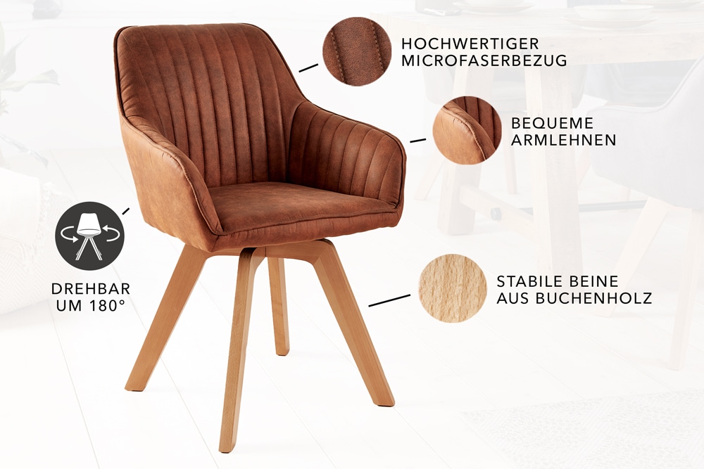 Drehbarer Design Stuhl LIVORNO vintage braun Buchenholz Beine mit Armlehnen