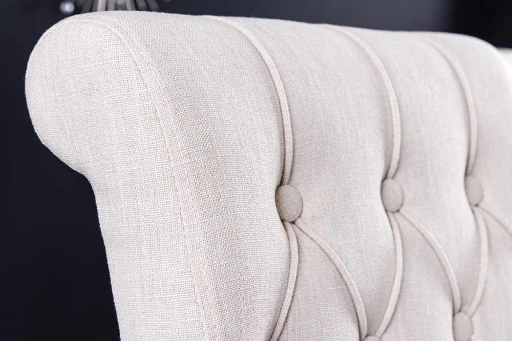 Design Stuhl CASTLE beige schwarz Strukturstoff Holzfüße Chesterfield
