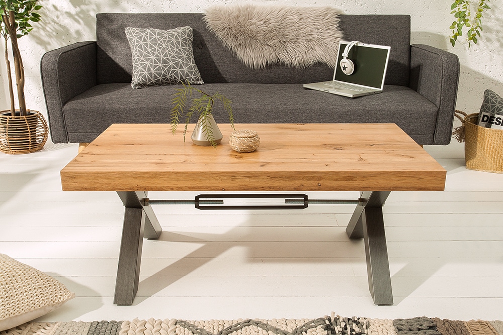 Massivholz Couchtisch THOR 110cm Wildeiche geölt X-Gestell Metall anthrazit Industrial Design