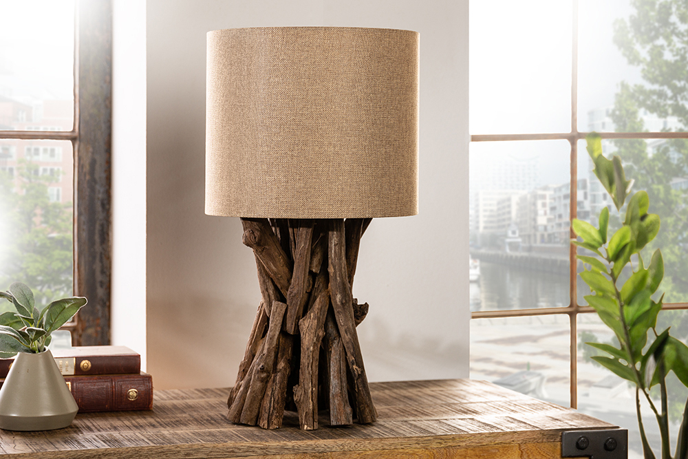 Massivholz Tischlampe HARMONY NATURE 50cm beige Teak mit Leinenschirm Massivholz Tischlampe HARMONY NATURE 50cm beige Teak mit Leinenschirm