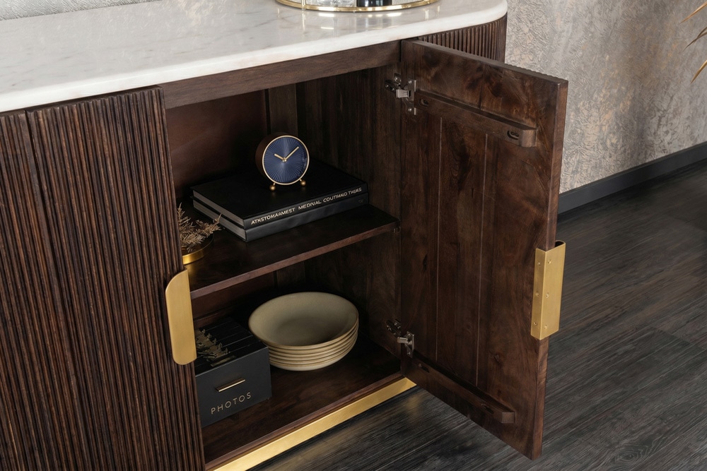 Massives Sideboard GATSBY 120cm braun Mangoholz gold Metall weiße Marmorplatte