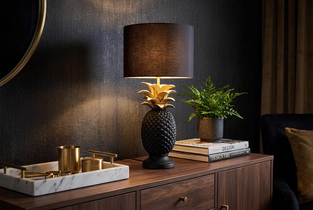 Handgefertigte Tischlampe PINEAPPLE 50cm schwarz Ananas-Design gold mit Stoffschirm