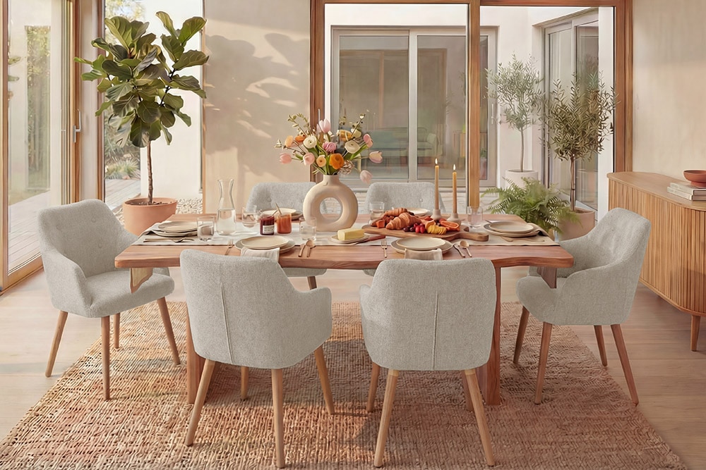 Nordischer Stuhl SCANDINAVIA MEISTERSTÜCK beige natur Strukturstoff Massivholzbeine