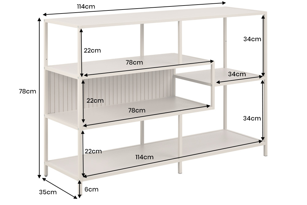 Modernes Bücherregal SLIM LINE 115cm champagner beige Metallgestell fünf Regalböden
