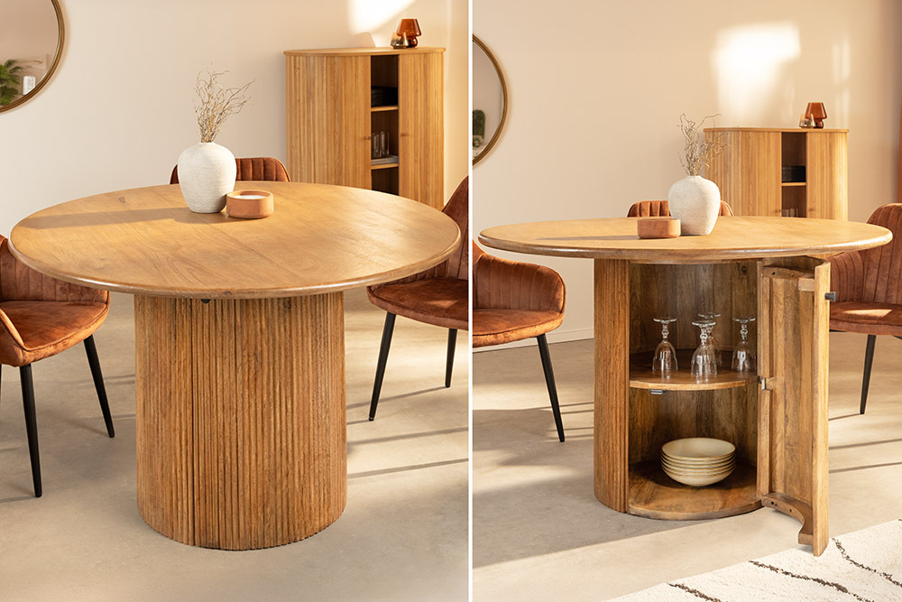 Runder Esstisch TRES CHIC 120cm braun Mangoholz Massivholz mit Stauraum » Jetzt kaufen