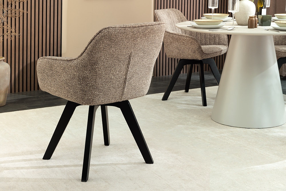 Design Stuhl LIVORNO taupe Strukturstoff schwarz Massivholz drehbar Auto-Return-Funktion