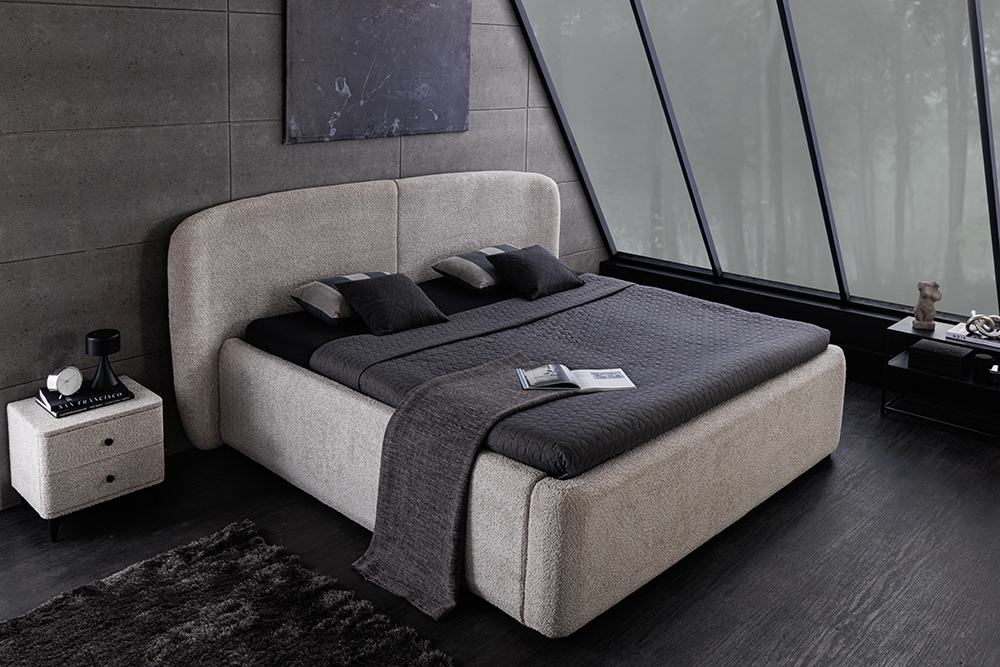 Modernes Boxbett ART DECO 180x200cm greige Bouclé mit Stauraum und Lattenrost