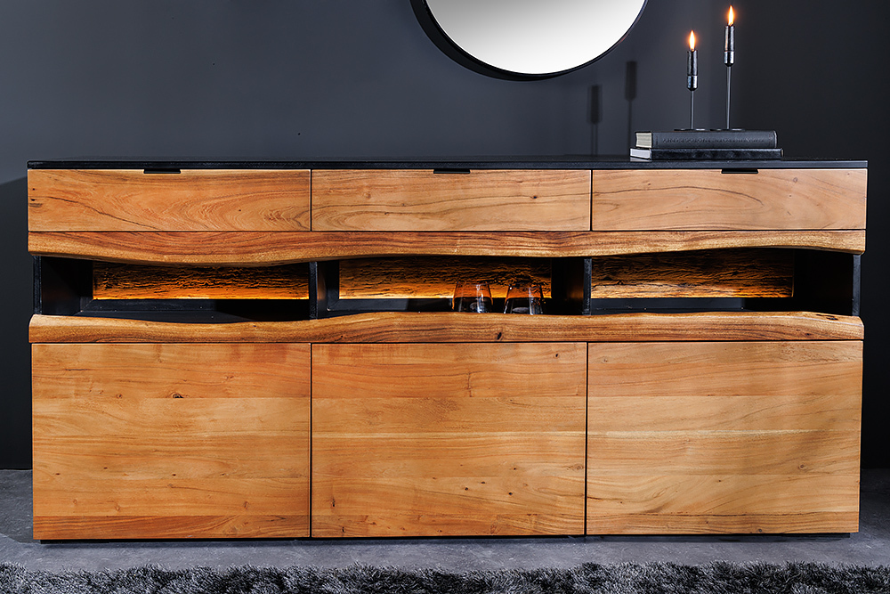 Massivholz Sideboard GRAND ACACIA 180cm braun Akazie mit LED-Beleuchtung Baumkante