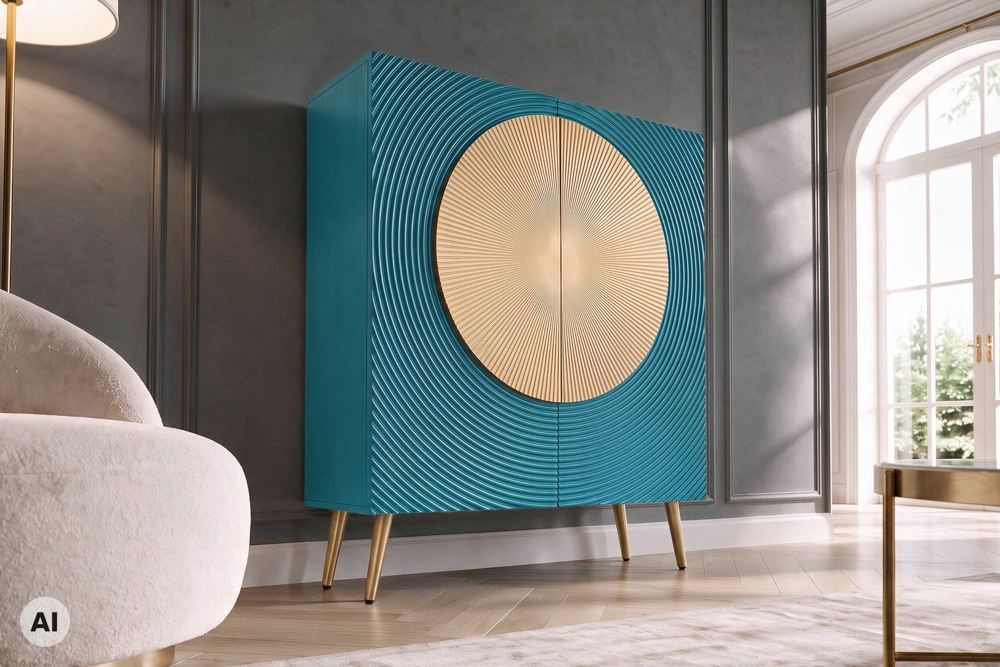 Massives Highboard AURUM 120cm türkis Mangoholz mit ikonischem Gold-Element