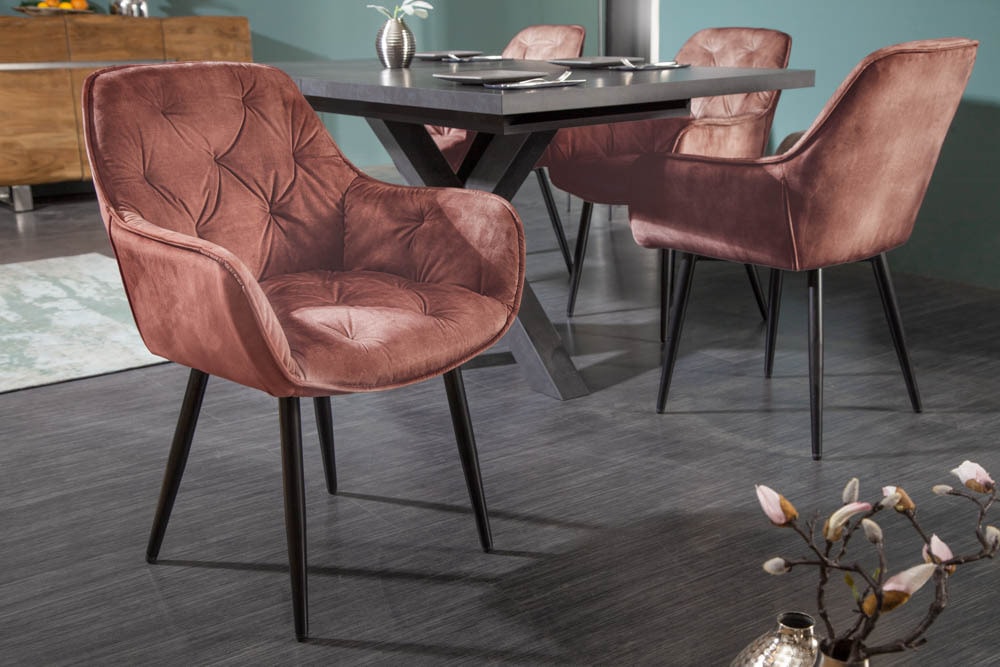Design Stuhl MILANO rost braun Samt mit Armlehne Ziersteppung gepolstert schwarze Metallbeine